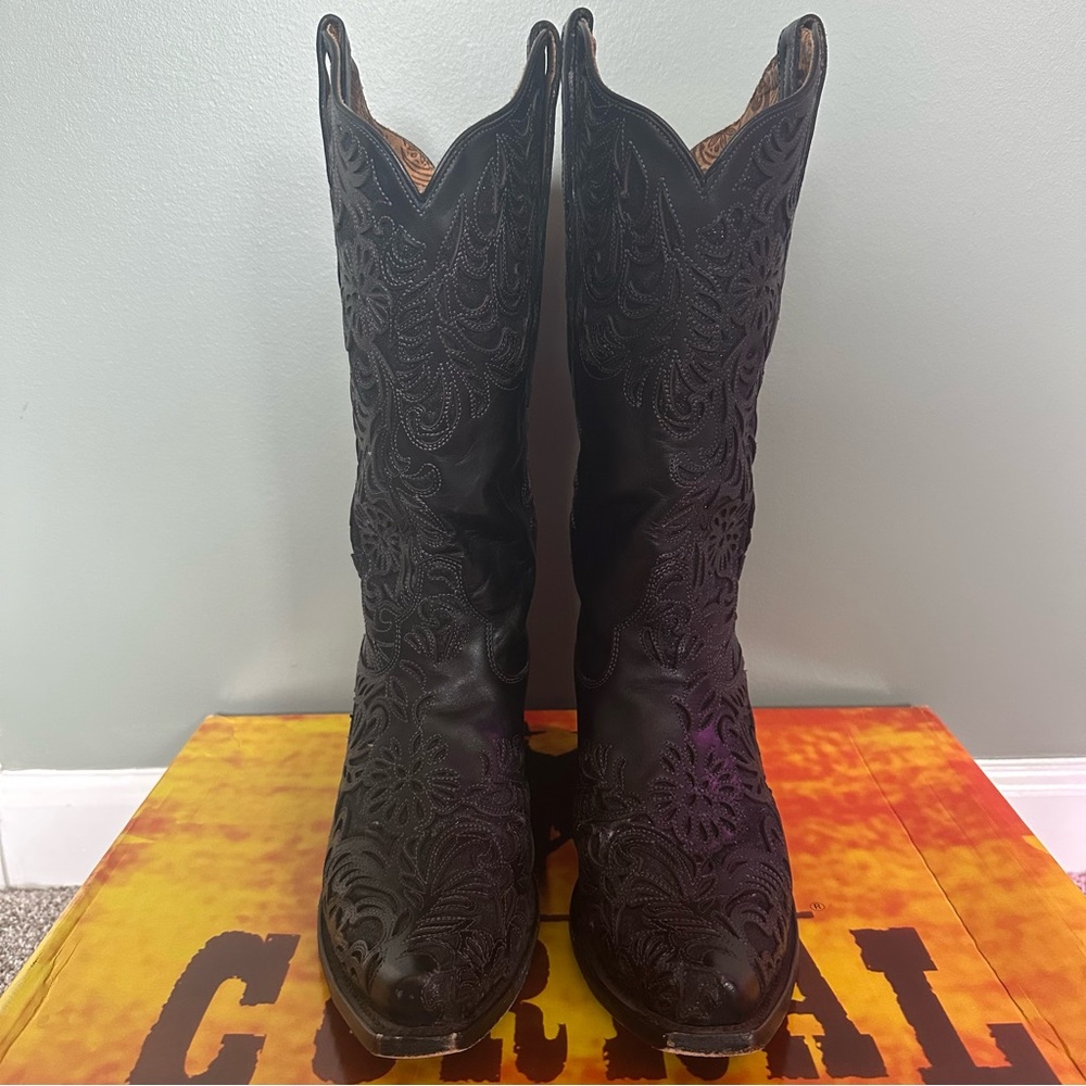 Corral Womens Tooled Inlay Snip Toe Pull On Cowboy Mid Calf Boots